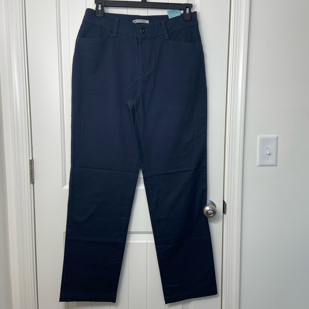 NEW LEE women’s long relaxed stretch at the waist navy blue khaki pants trousers